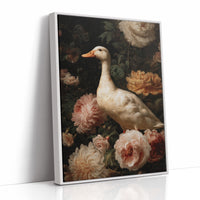 White Duck Among Blooming Peonies