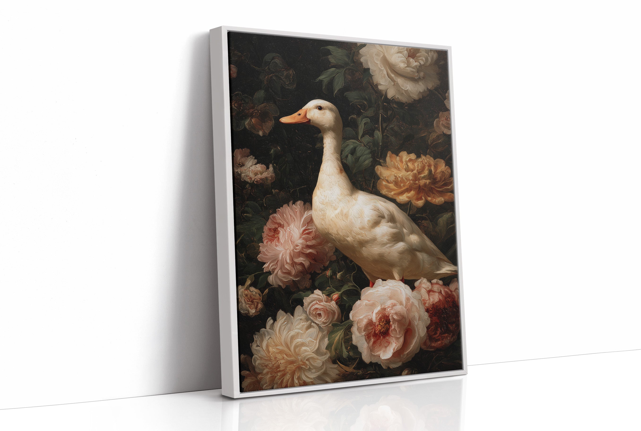 White Duck Among Blooming Peonies