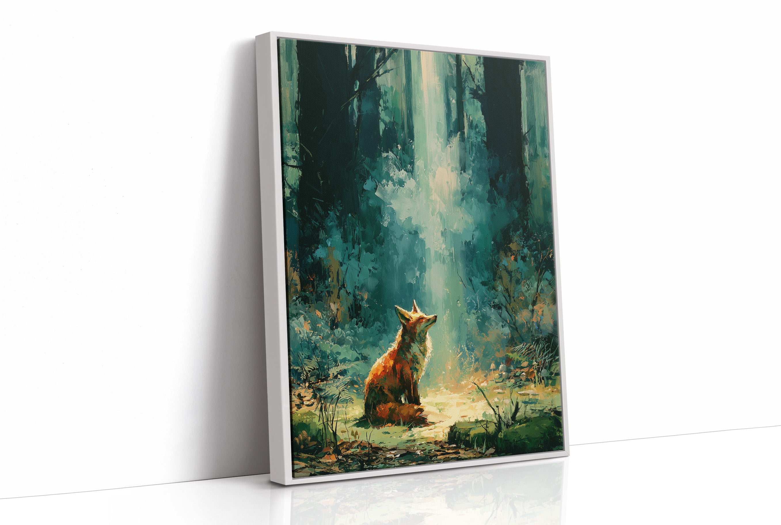 Fox in the Cathedral Light — Emerald Forest Oil Painting