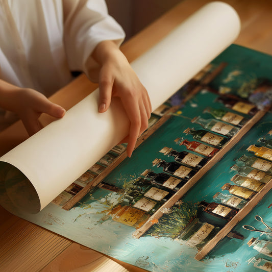 Apothecary Secrets Against Teal Walls