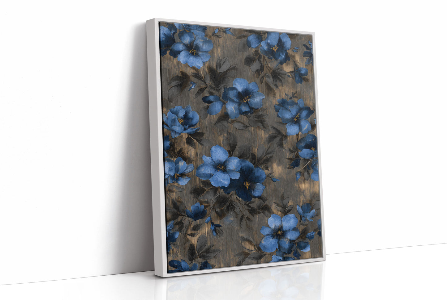 Midnight Blooms Against Golden Wood