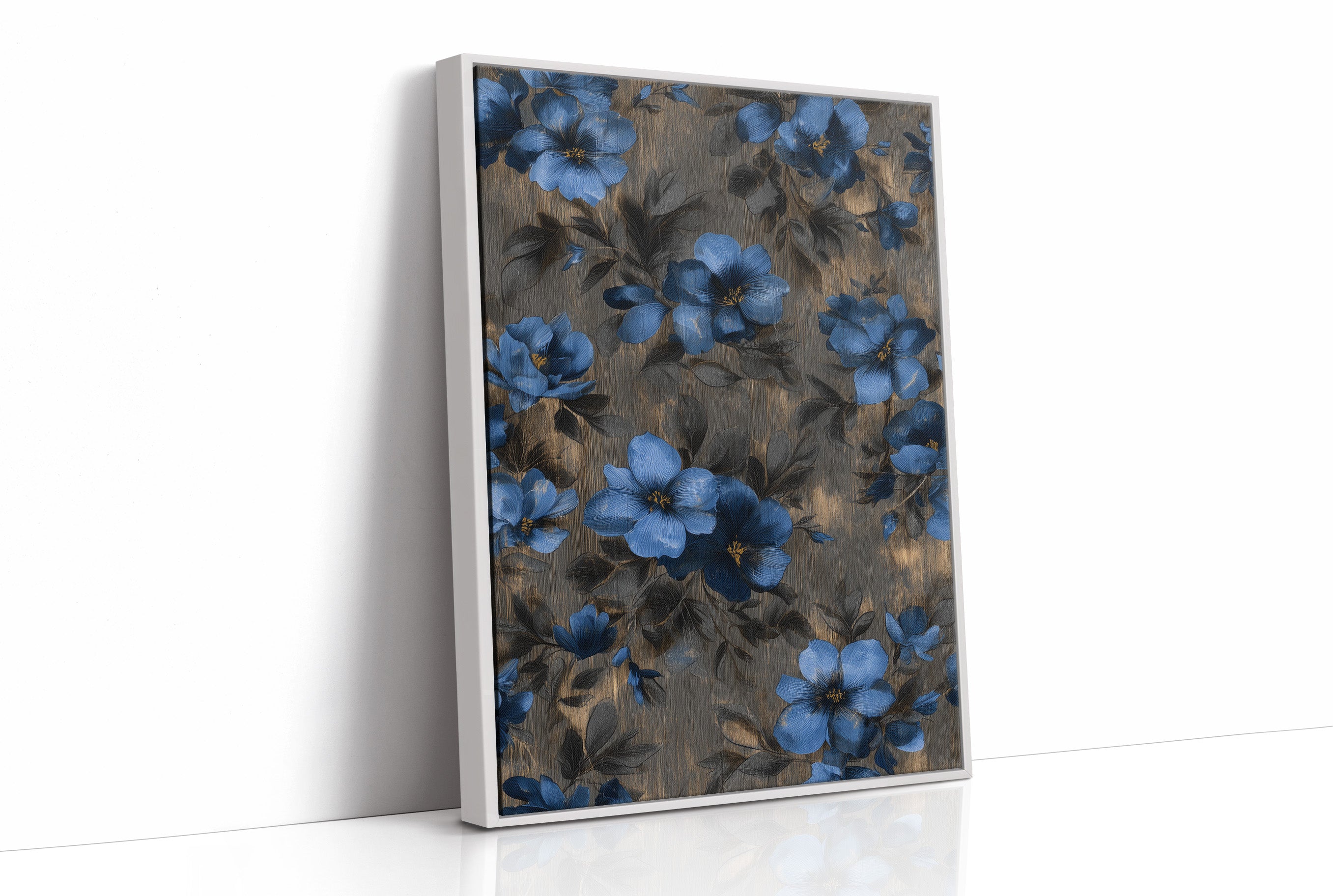 Midnight Blooms Against Golden Wood