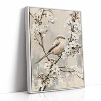 Long-Tailed Tit in Cherry Blossoms — Grey Taupe Oil Painting