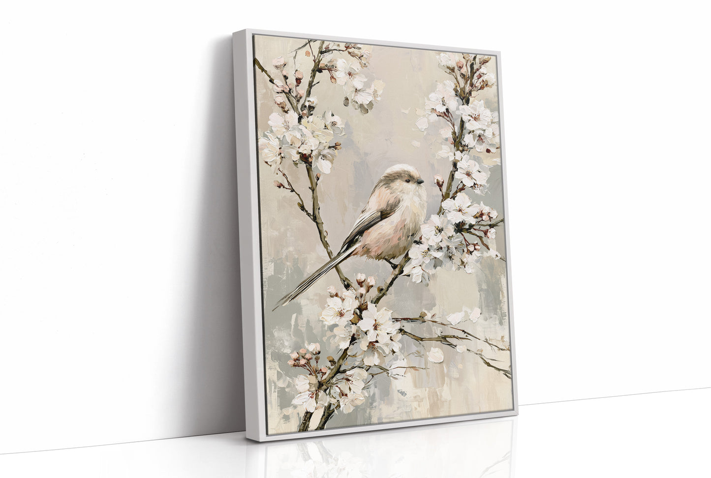 Long-Tailed Tit in Cherry Blossoms — Grey Taupe Oil Painting
