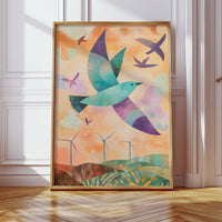 Birds Soar Above Wind Farm Dawn
