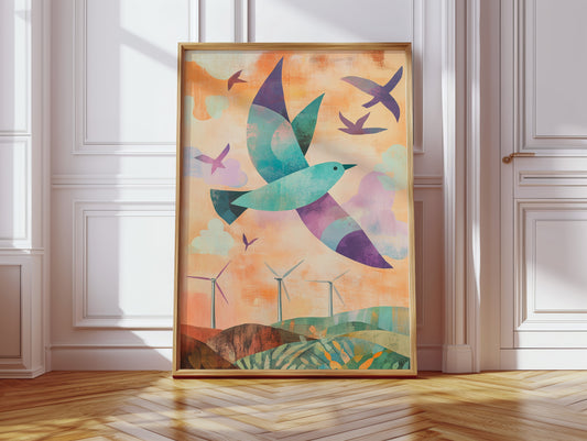 Birds Soar Above Wind Farm Dawn