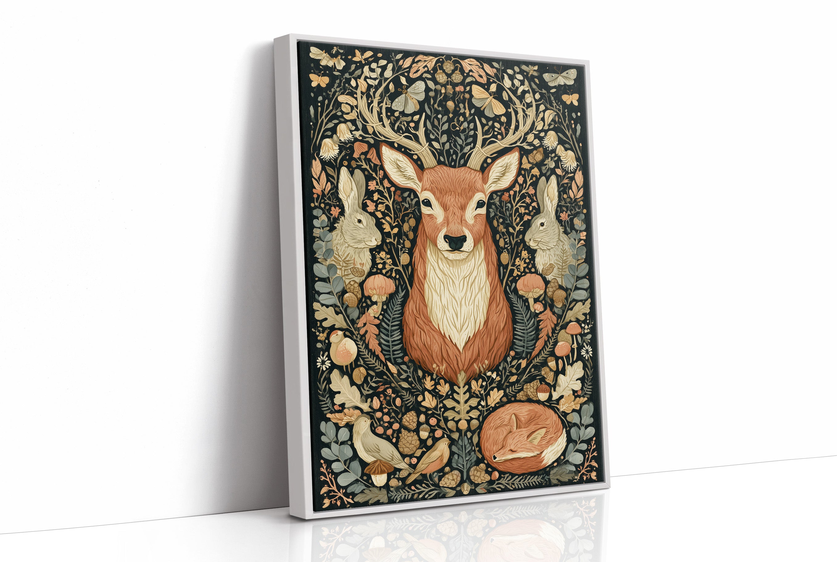 Woodland Tapestry — Dark Folk Art Deer and Forest Creatures