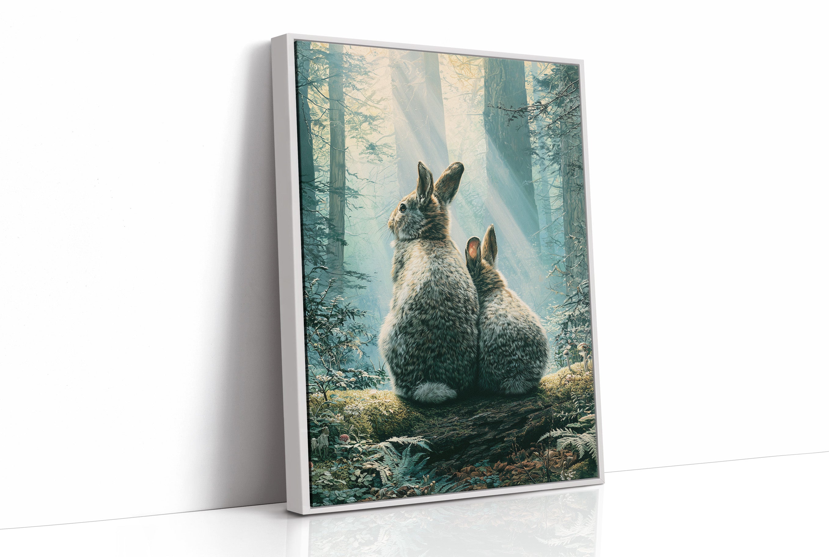 Two Rabbits in Morning Light — Forest Clearing Painting