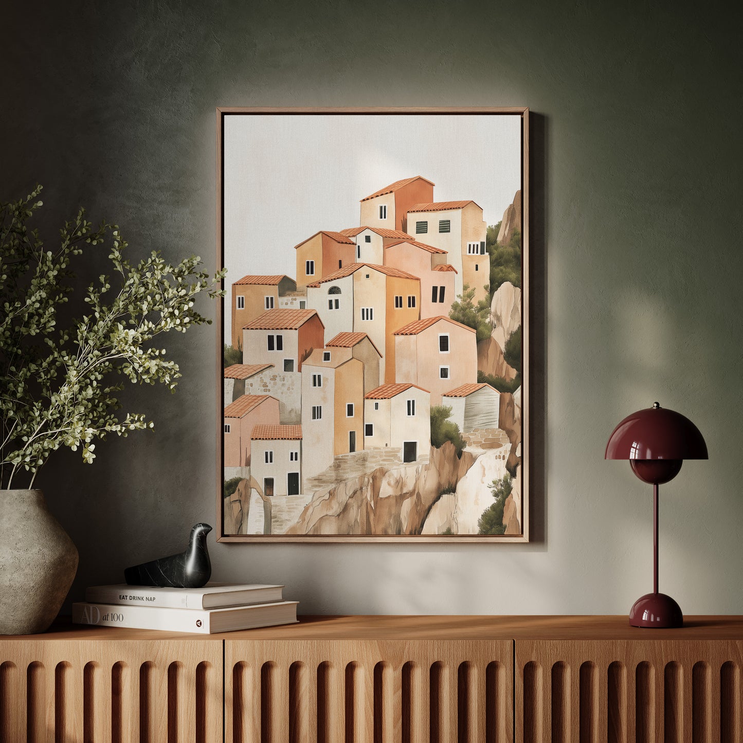 Sunlit Cliffside Village in Warm Earth Tones