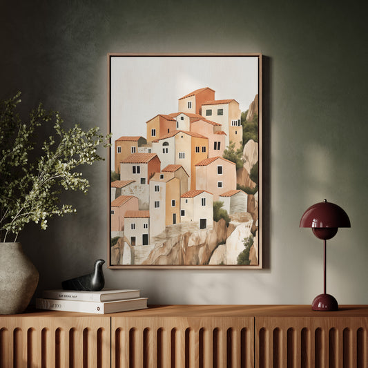 Sunlit Cliffside Village in Warm Earth Tones