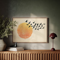 Minimalist Japanese Birds & Sun Print – Vintage Ink Illustration