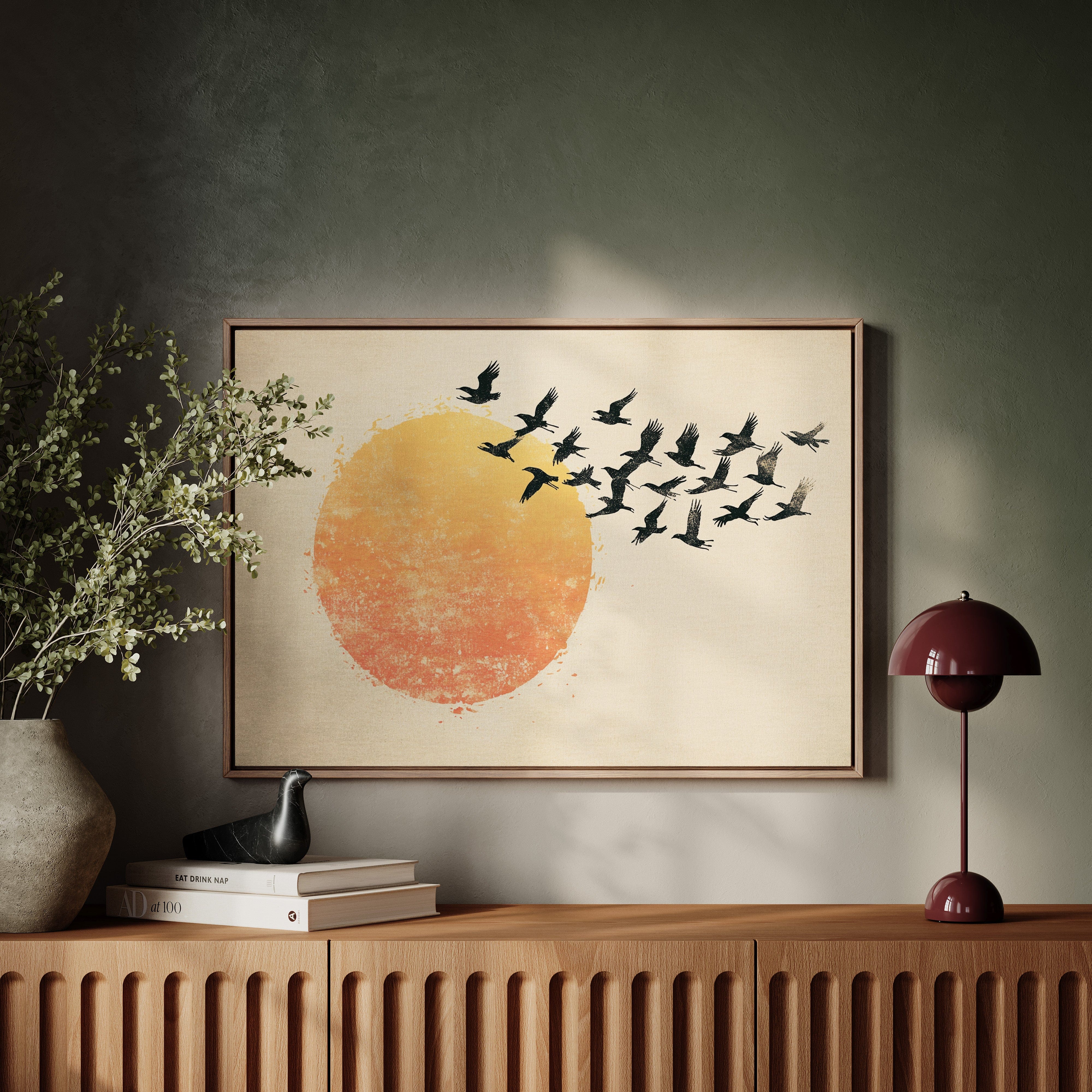 Minimalist Japanese Birds & Sun Print – Vintage Ink Illustration