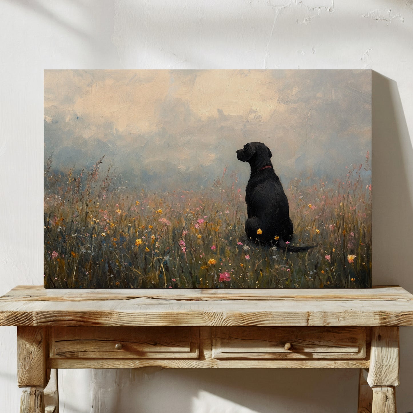 Serene Black Lab in Wildflowers – Rustic Dog Art Print