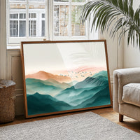 Birds Soar Above Misty Peaks