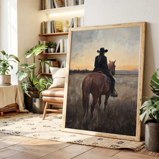 Back to the Prairie – Cowgirl on Horse at Dusk