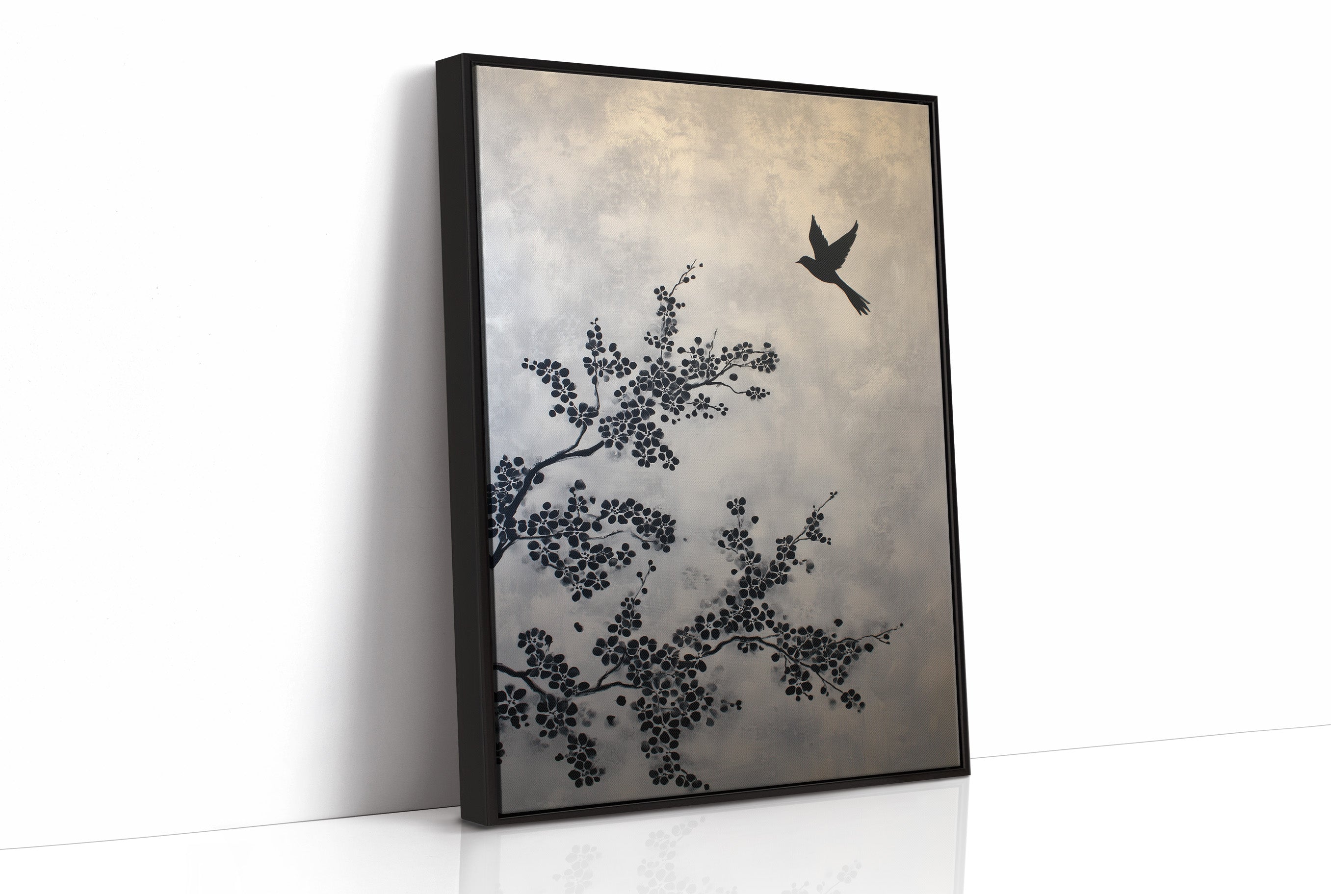 Bird Takes Flight Through Cherry Blooms