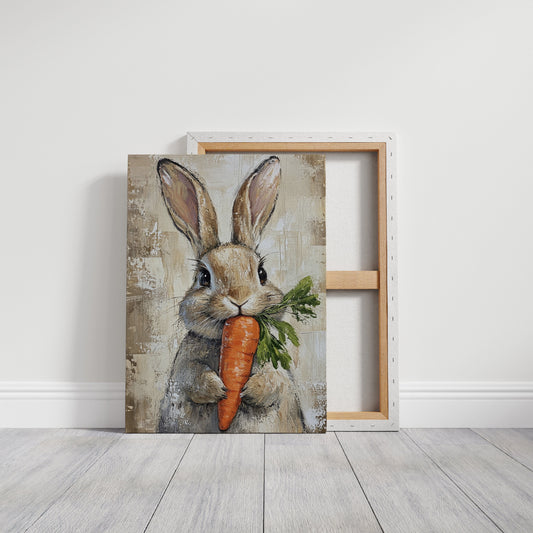 Adorable Bunny with Carrot – Rustic Farmhouse Animal Wall Art Print