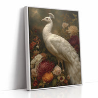 White Peacock Among Blooming Peonies