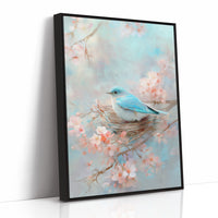 Blue Bird Rests Among Cherry Blossoms
