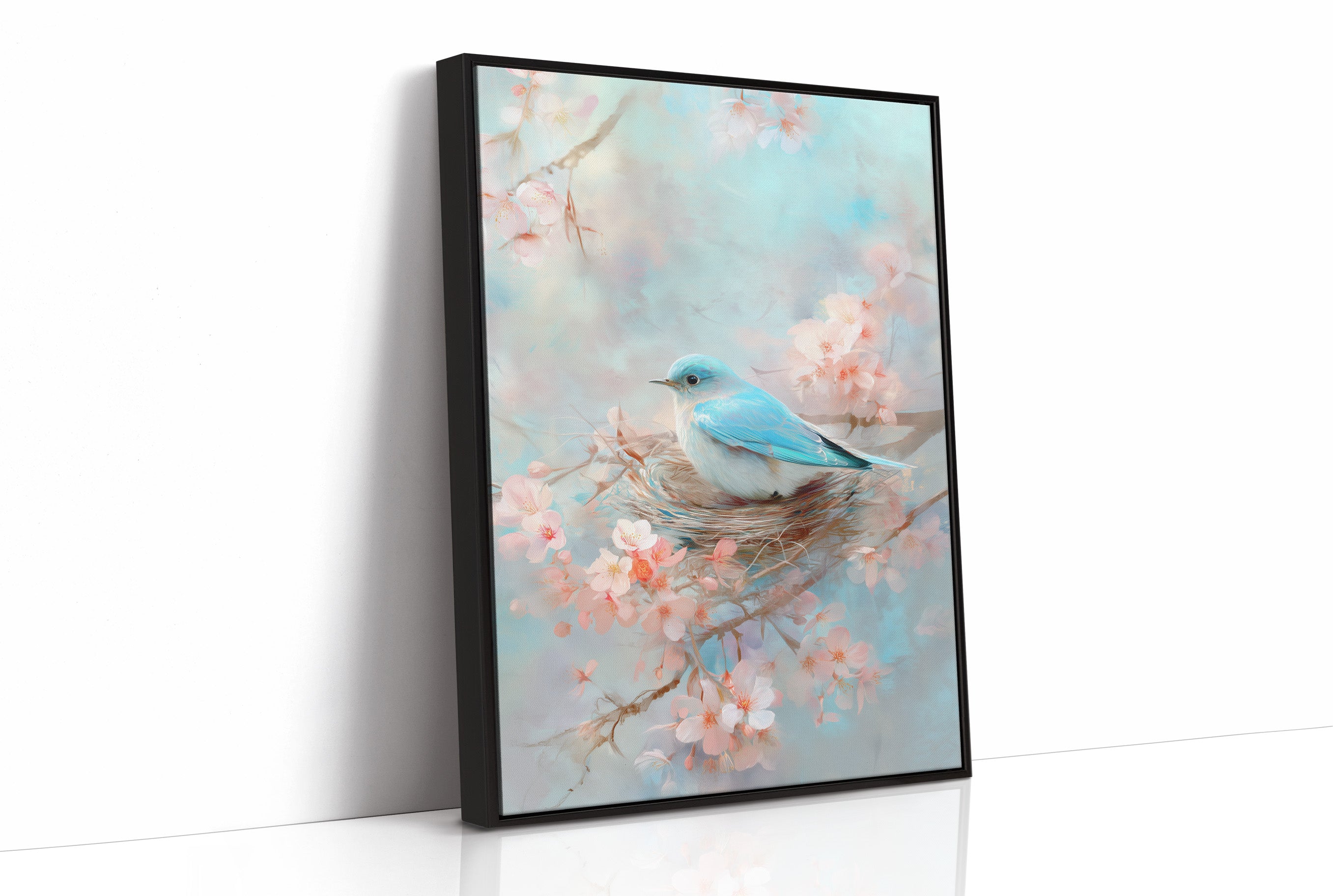 Blue Bird Rests Among Cherry Blossoms
