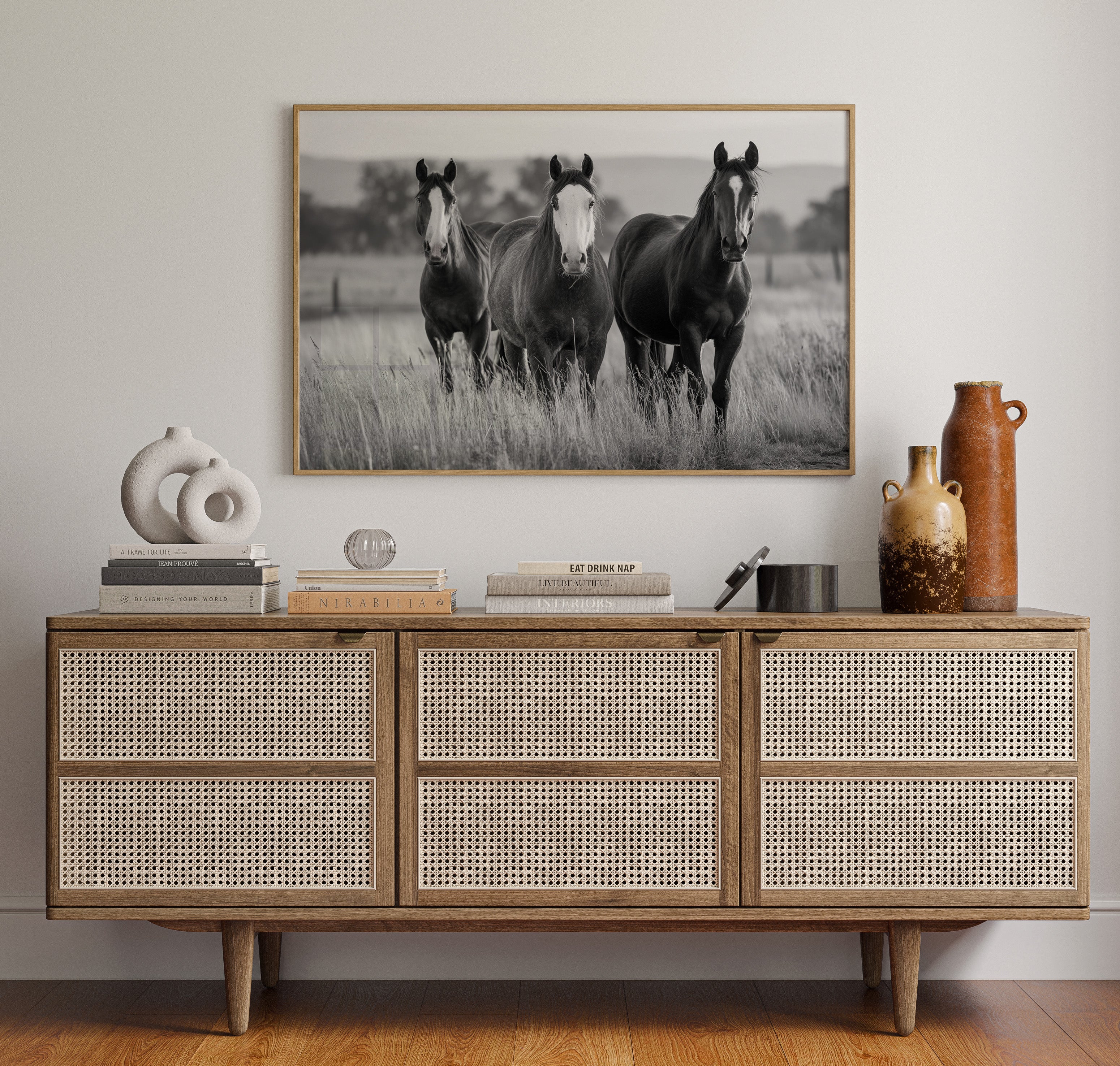Three Mares Stand Among Prairie Grass