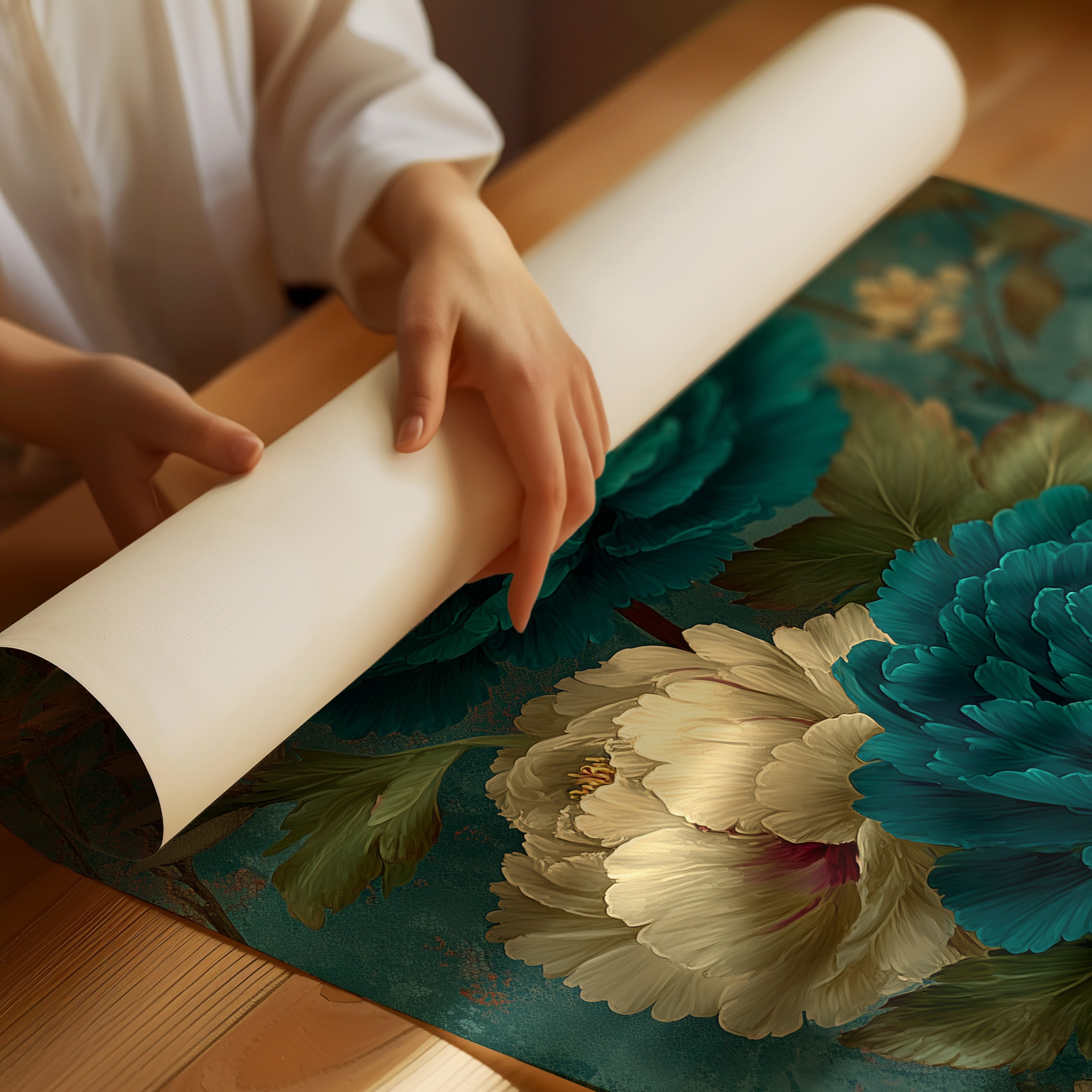 Teal Peonies on a Weathered Wall