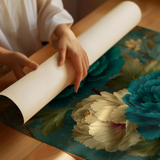 Teal Peonies on a Weathered Wall