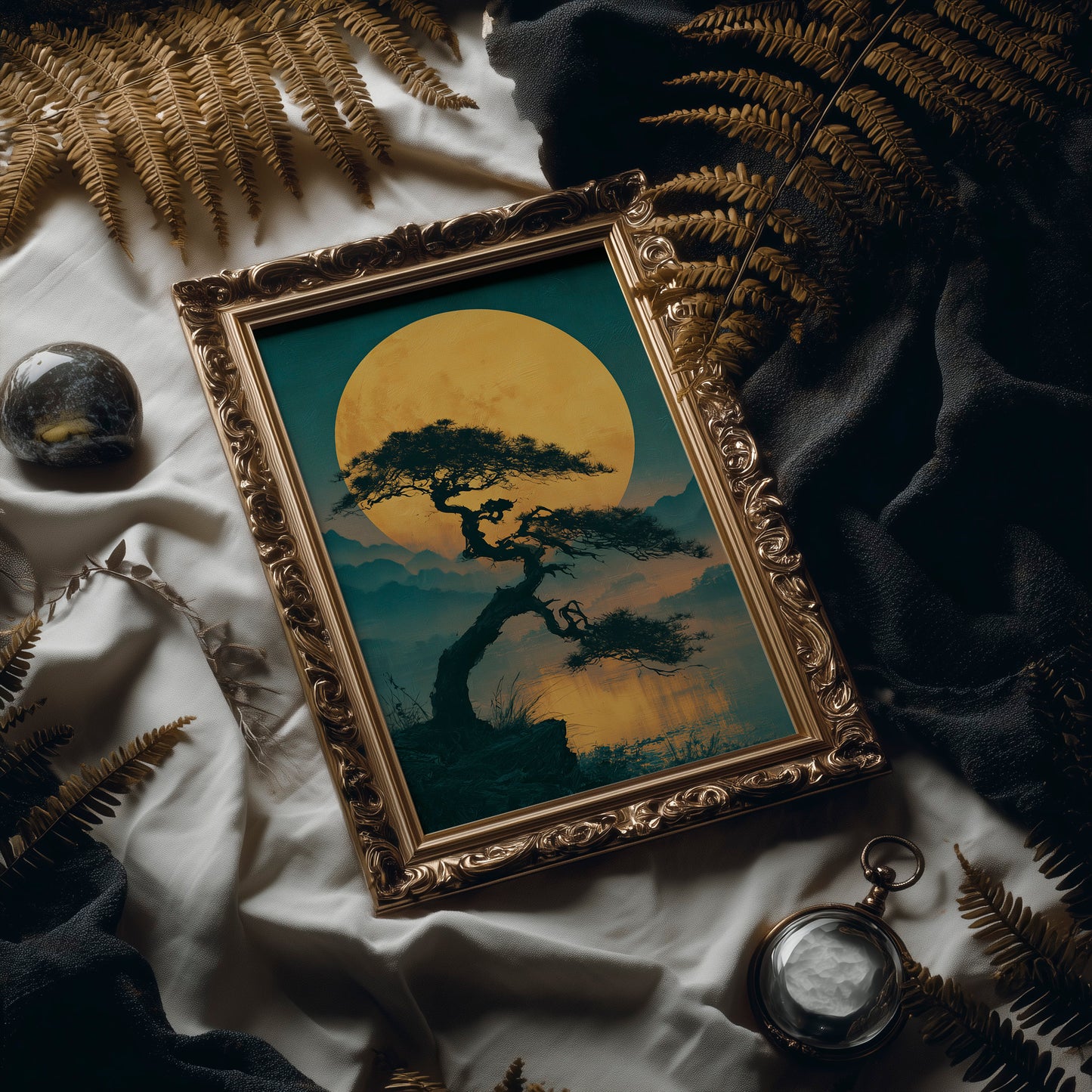 Bonsai Beneath the Golden Moon