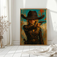 Western Grit: Cowgirl With Revolver Canvas Art