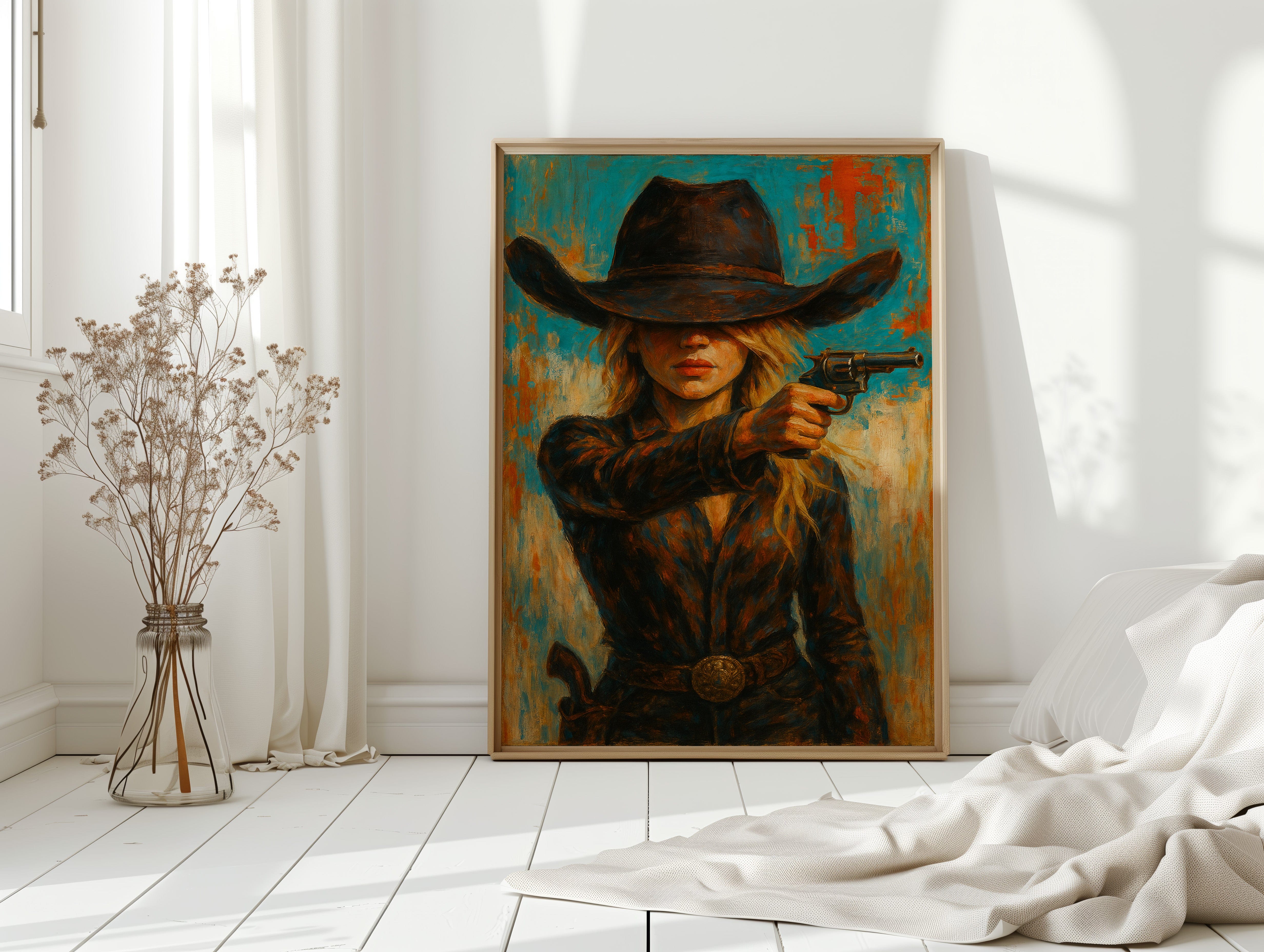 Western Grit: Cowgirl With Revolver Canvas Art