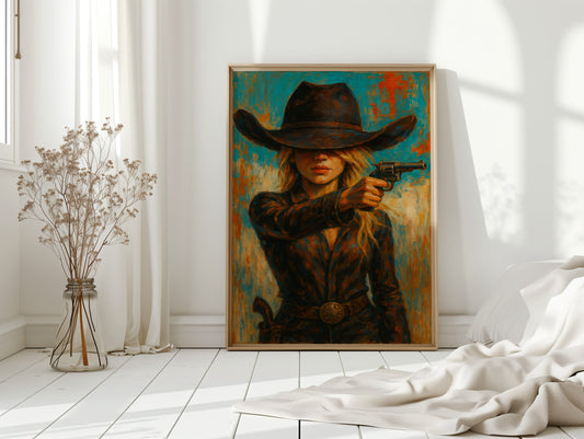 Western Grit: Cowgirl With Revolver Canvas Art