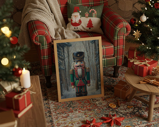 Nutcracker Stands Watch In Winter Woods
