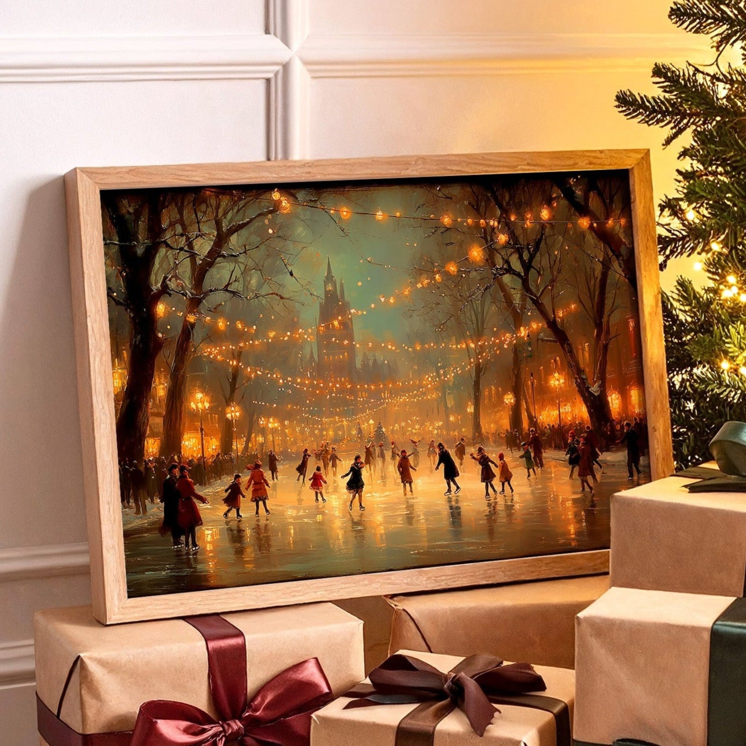 Winter Skaters Dance Under Golden Lights