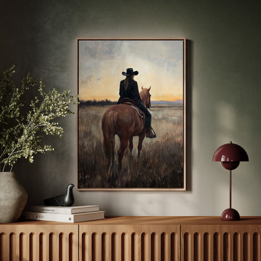 Back to the Prairie – Cowgirl on Horse at Dusk