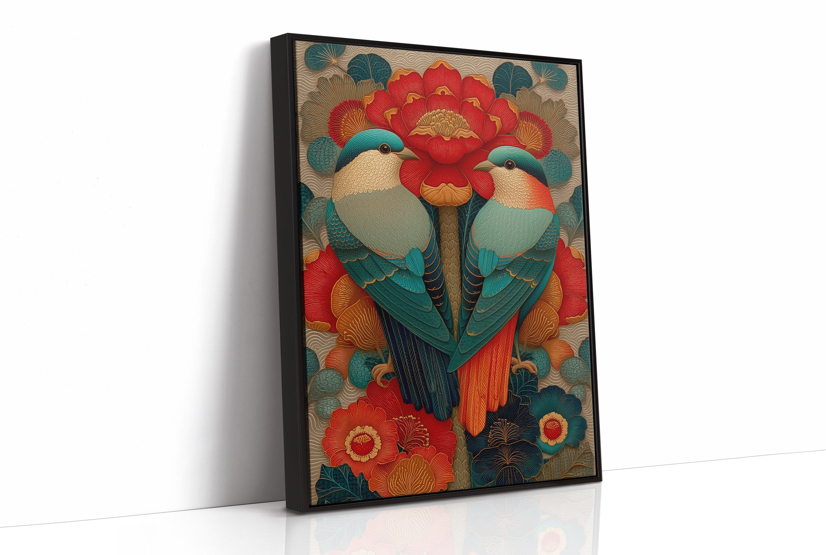 Birds Dance Among Crimson Blooms