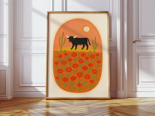 Desert Bloom with Bull at Sunset