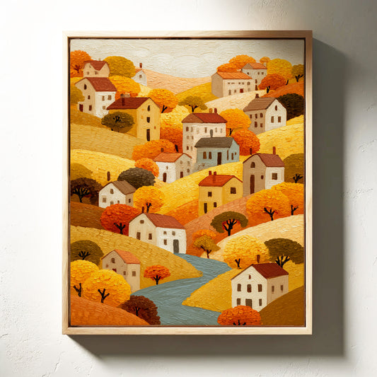 Autumn River Winds Through Village