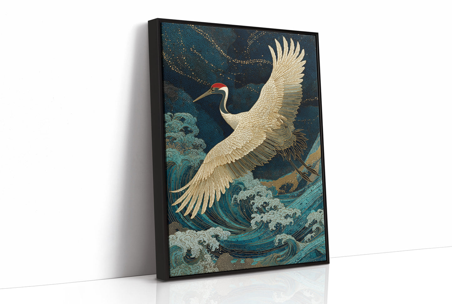 Crane Soars Through Starlit Waves