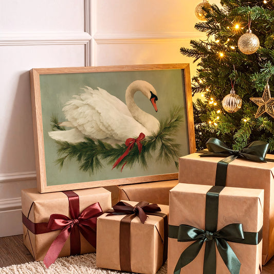 Winter Swan Among Pine Branches