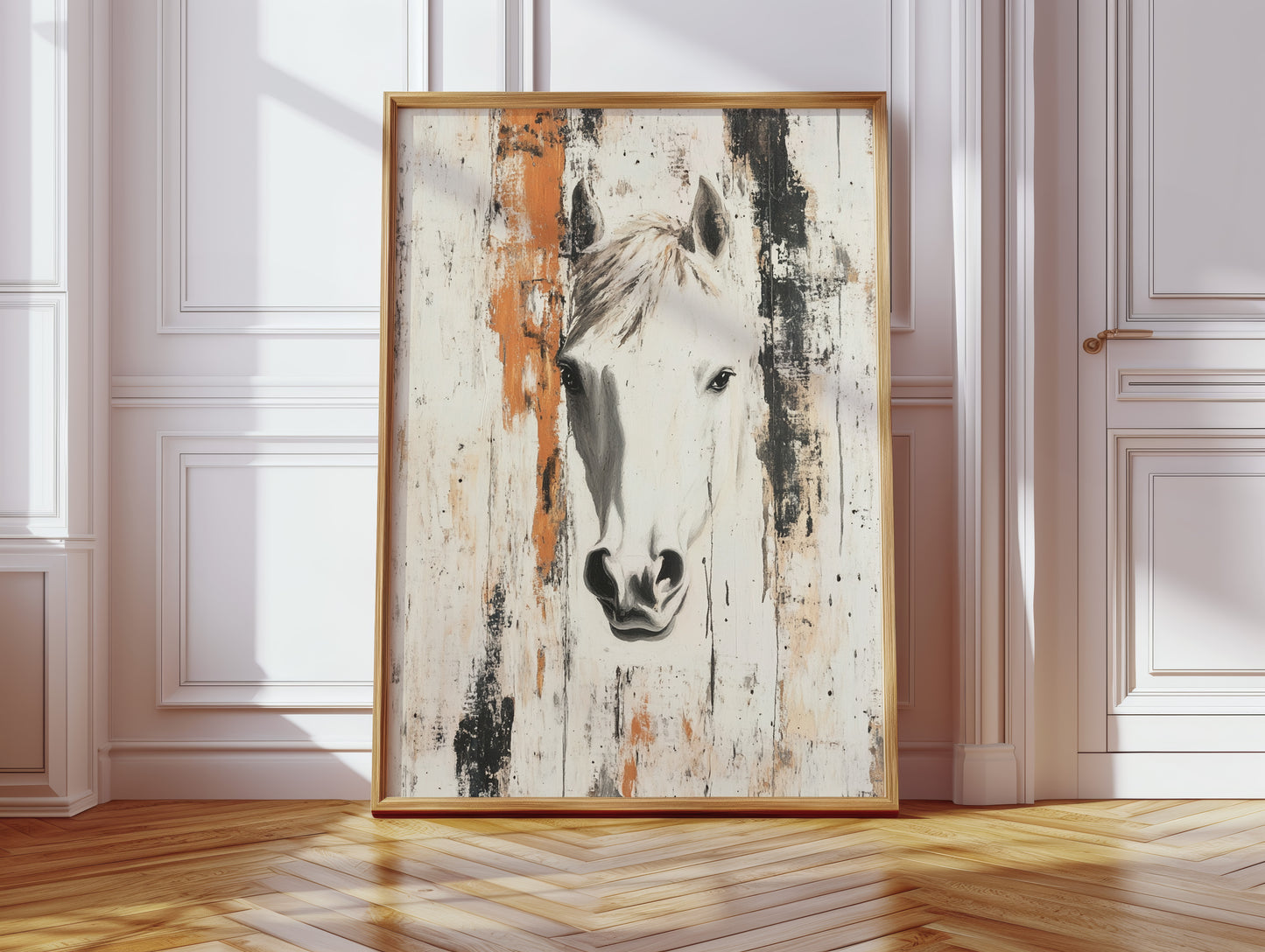 White Horse Against Rustic Planks