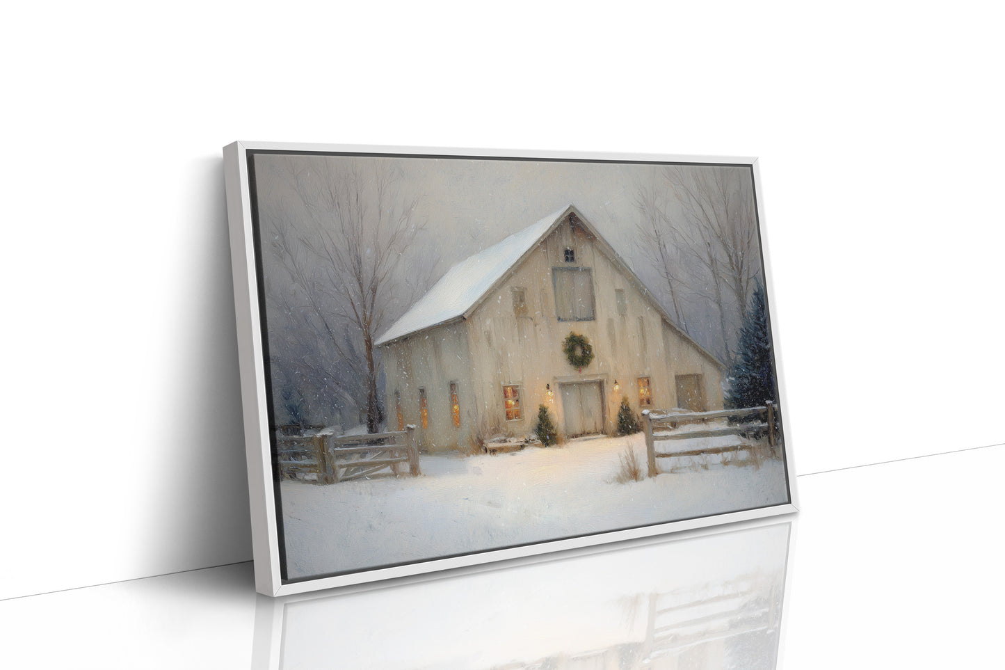Snowfall Dreams Against Rustic Warmth