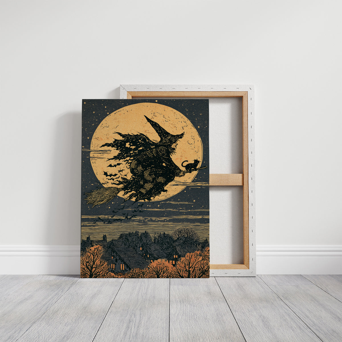 Broomstick Silhouette Over Village