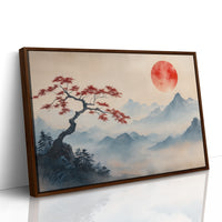 Japanese Landscape Wall Art – Red Sun and Bonsai Mountain Print