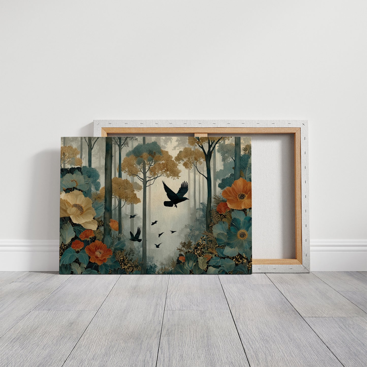 Ravens Soar Through Floral Forest