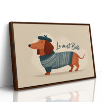La Vie Est Belle Canvas Art | French Dachshund in Beret & Sweater Print for Living Room, Office or Dog Lover Décor