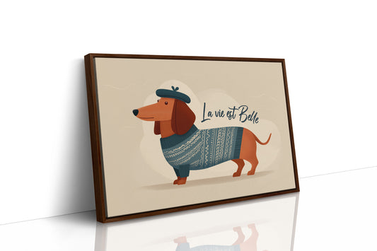 La Vie Est Belle Canvas Art | French Dachshund in Beret & Sweater Print for Living Room, Office or Dog Lover Décor