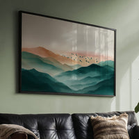 Birds Soar Above Misty Peaks