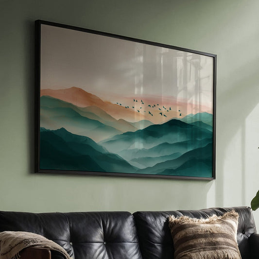 Birds Soar Above Misty Peaks