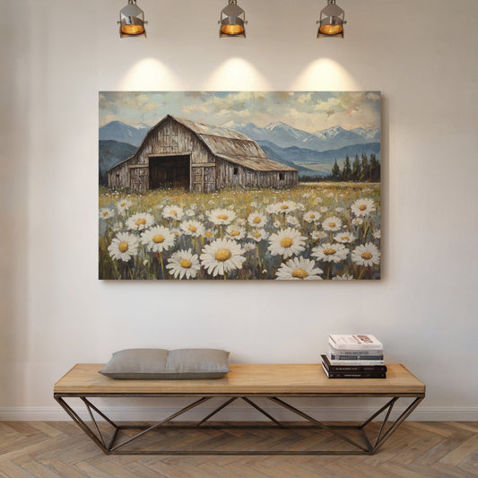 Rustic Barn Wall Art – Wildflower Meadow Print, Country Farmhouse Decor, Vintage Landscape Painting