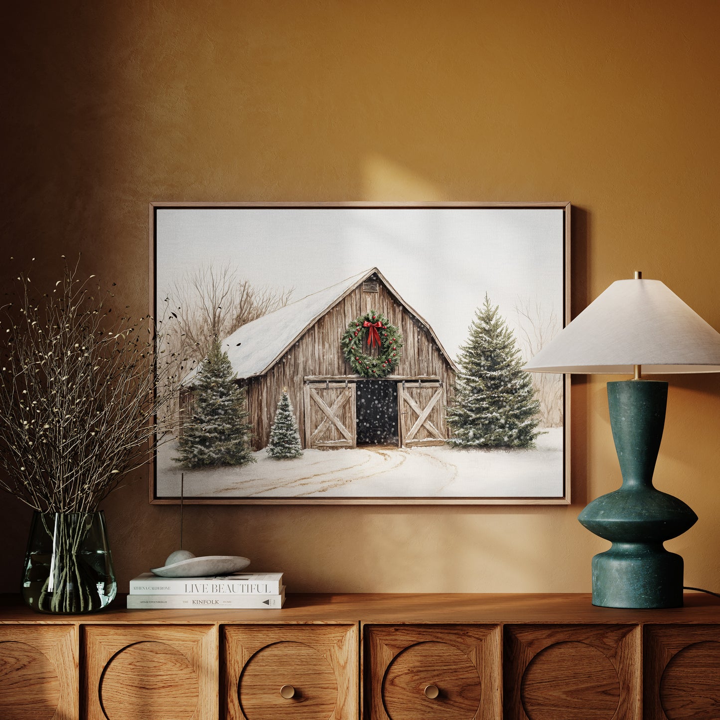 Rustic Christmas Barn – Cozy Winter Farmhouse Wall Art Print